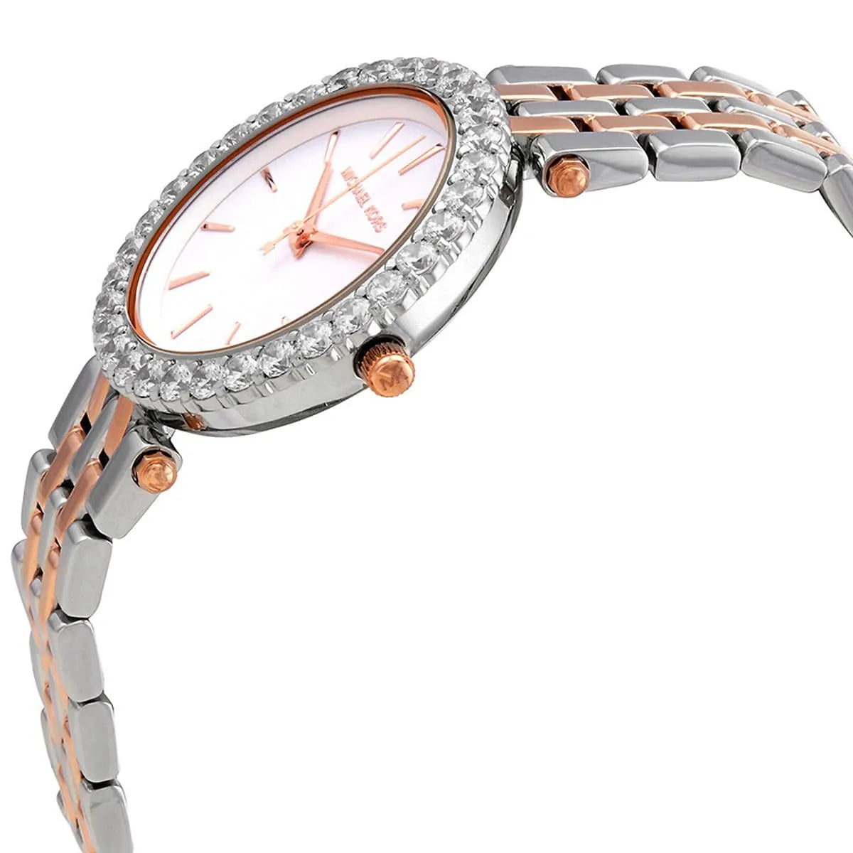 Side profile of Michael Kors Darci MK4515 silver and rose gold watch