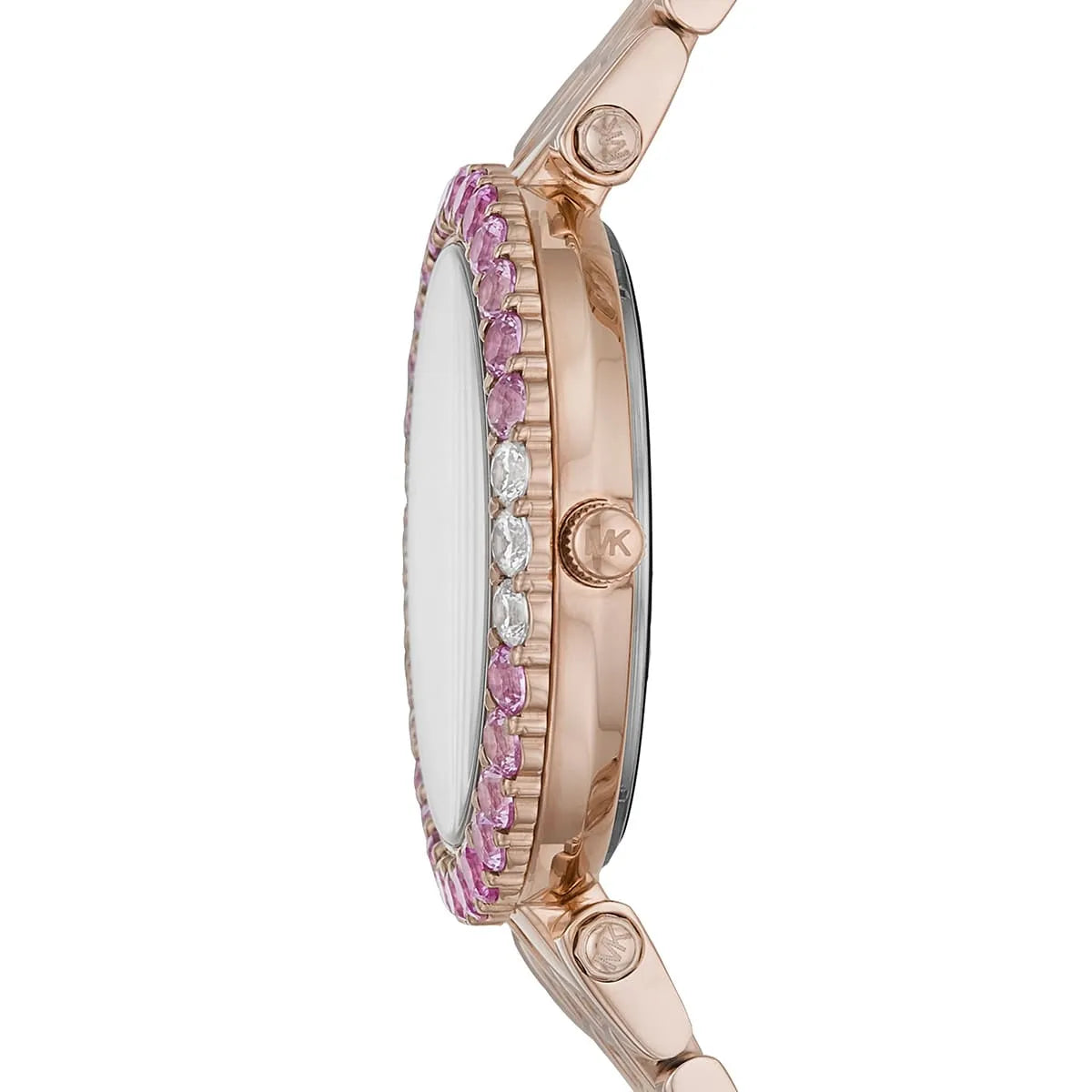 Side profile of Michael Kors Darci MK4517 rose gold stainless steel watch