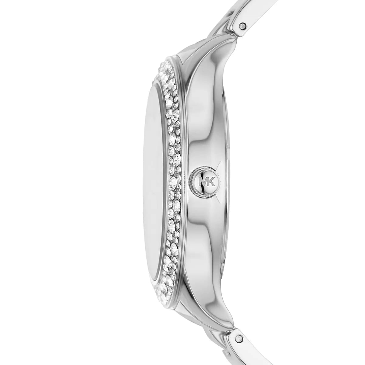 Side view of Michael Kors Liliane MK4556 silver bracelet watch