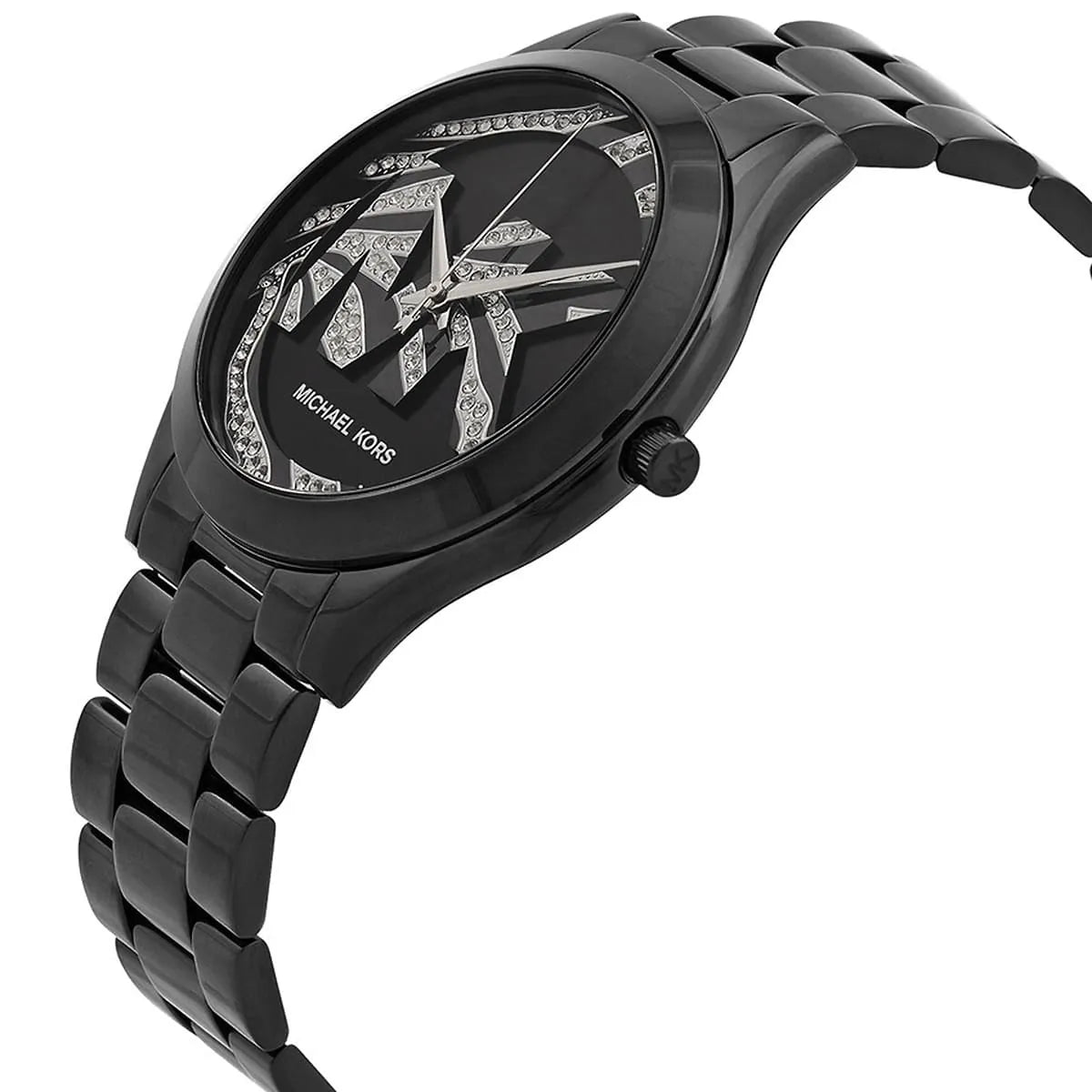 Side profile of Michael Kors Runway Slim MK4562 black bracelet watch
