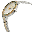 Close-up of Michael Kors MK4595 white analog dial with silver and gold bracelet