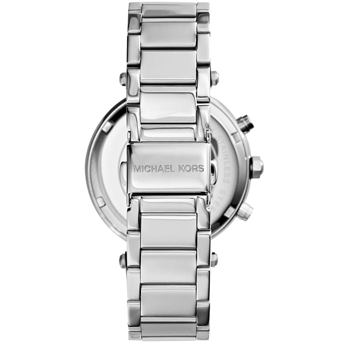 Back view of Michael Kors MK5353 quartz chronograph watch with stainless steel case