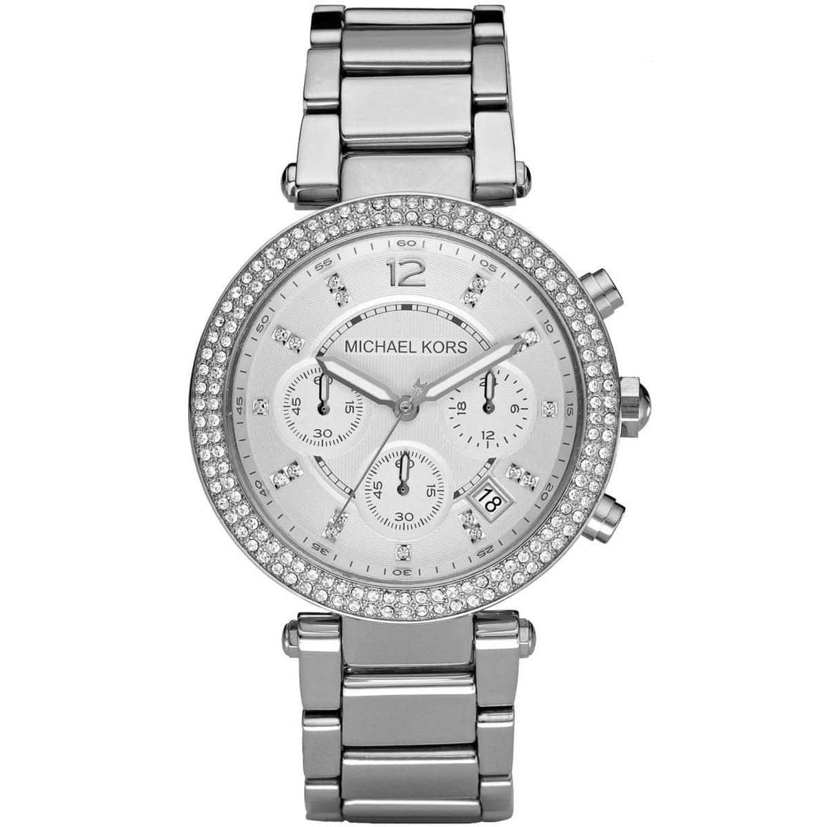 Front view of Michael Kors Parker MK5353 women's silver chronograph watch