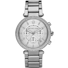Front view of Michael Kors Parker MK5353 women's silver chronograph watch