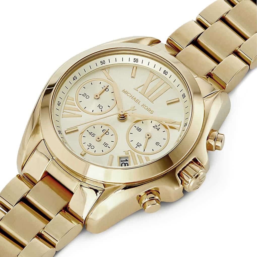 Side profile of Michael Kors Mini Bradshaw MK5798 gold stainless steel bracelet watch