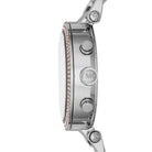 Side profile of Michael Kors Parker MK5820 silver and rose gold stainless steel bracelet watch