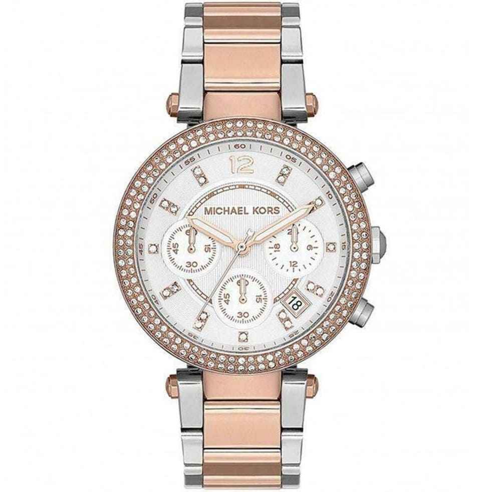 Michael Kors Parker MK5820 Women's White Silver & Rose Gold Stainless Steel Chronograph Watch