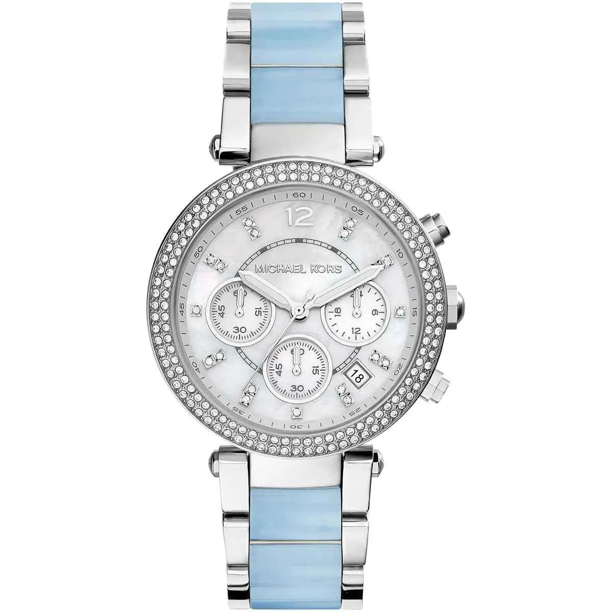 Michael Kors Parker MK6138 Women's Silver & Blue Multi-Strap Chronograph Watch