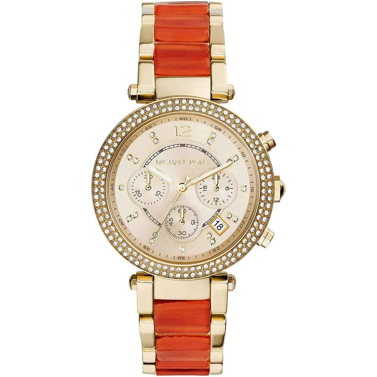 Michael Kors Parker MK6139 Women's Gold Dial Orange & Gold Chronograph Watch