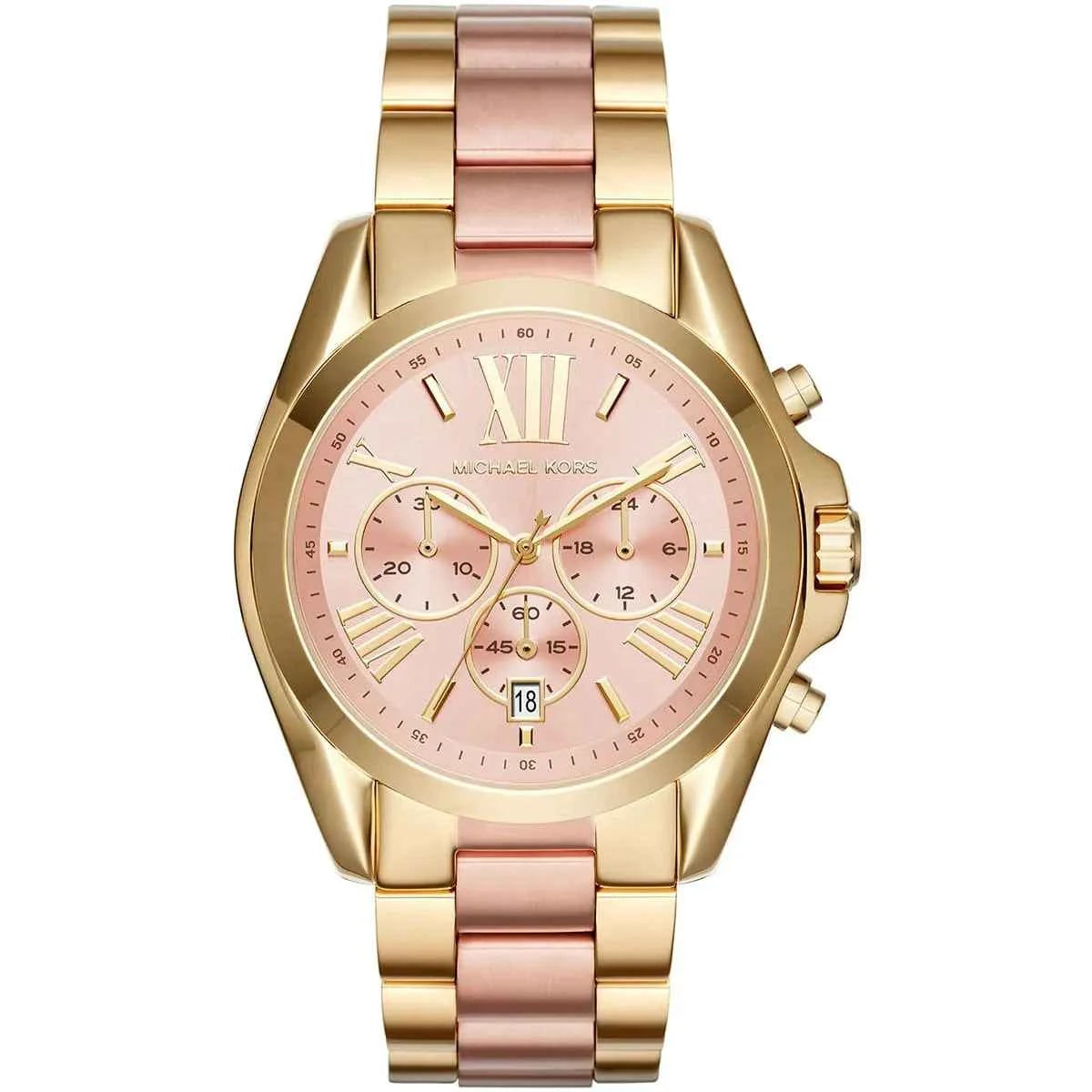 Michael Kors Bradshaw MK6359 women's pink dial gold and rose gold chronograph watch front view