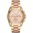 Michael Kors Bradshaw MK6359 women's pink dial gold and rose gold chronograph watch front view