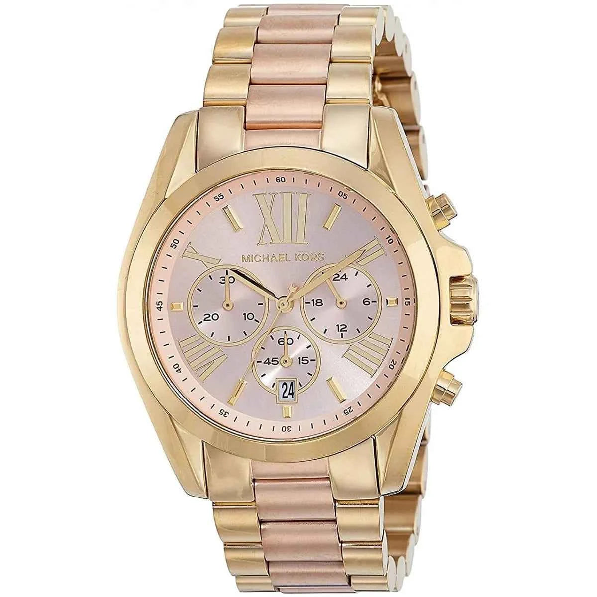Close-up of Michael Kors MK6359 pink analog dial with gold and rose gold stainless steel bracelet
