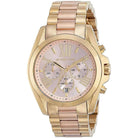 Close-up of Michael Kors MK6359 pink analog dial with gold and rose gold stainless steel bracelet