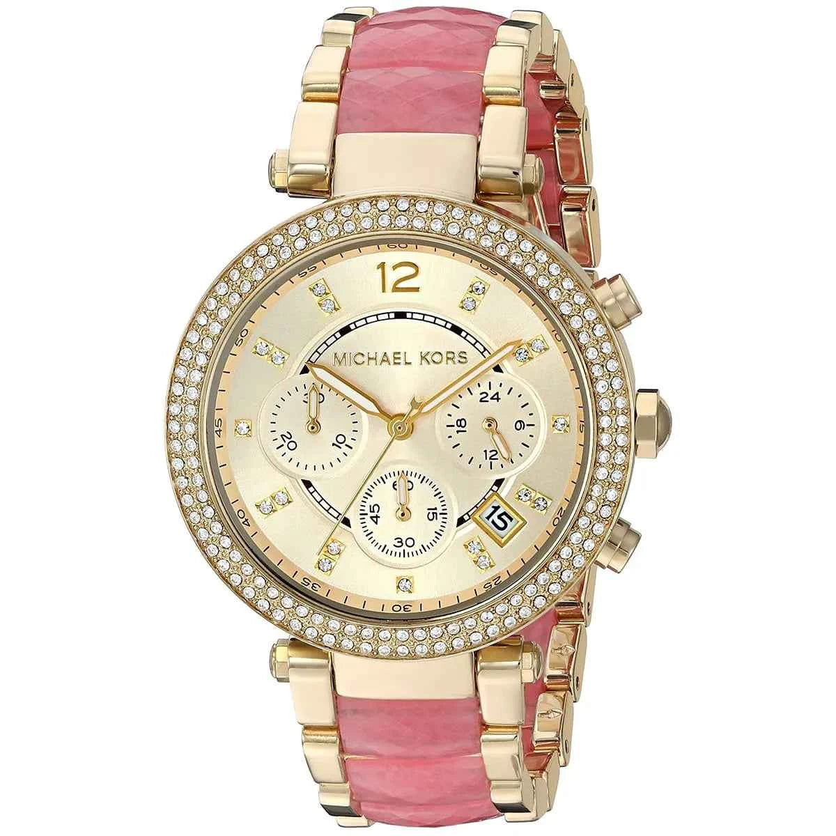 Close-up of Michael Kors MK6363 gold analog dial with gold multi-link bracelet