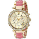 Close-up of Michael Kors MK6363 gold analog dial with gold multi-link bracelet