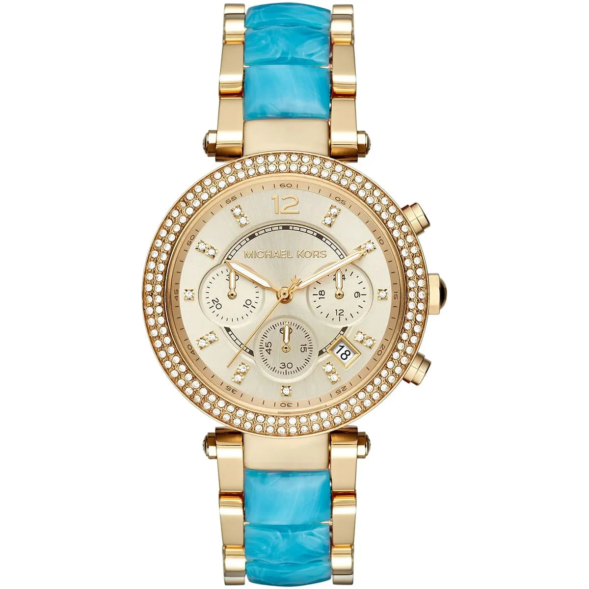 Michael Kors Parker MK6364 women's gold dial blue and gold chronograph watch front view