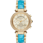 Michael Kors Parker MK6364 women's gold dial blue and gold chronograph watch front view