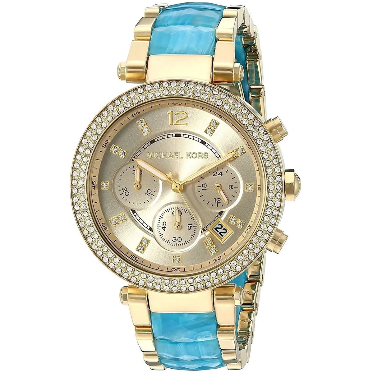 Close-up of Michael Kors MK6364 gold analog dial with blue and gold multi-link bracelet