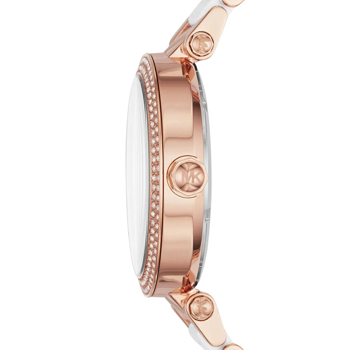Side profile of Michael Kors Parker MK6365 white and rose gold women's watch