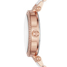 Side profile of Michael Kors Parker MK6365 white and rose gold women's watch