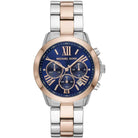 Michael Kors Bradshaw MK6389 women's blue dial silver and rose gold chronograph watch front view