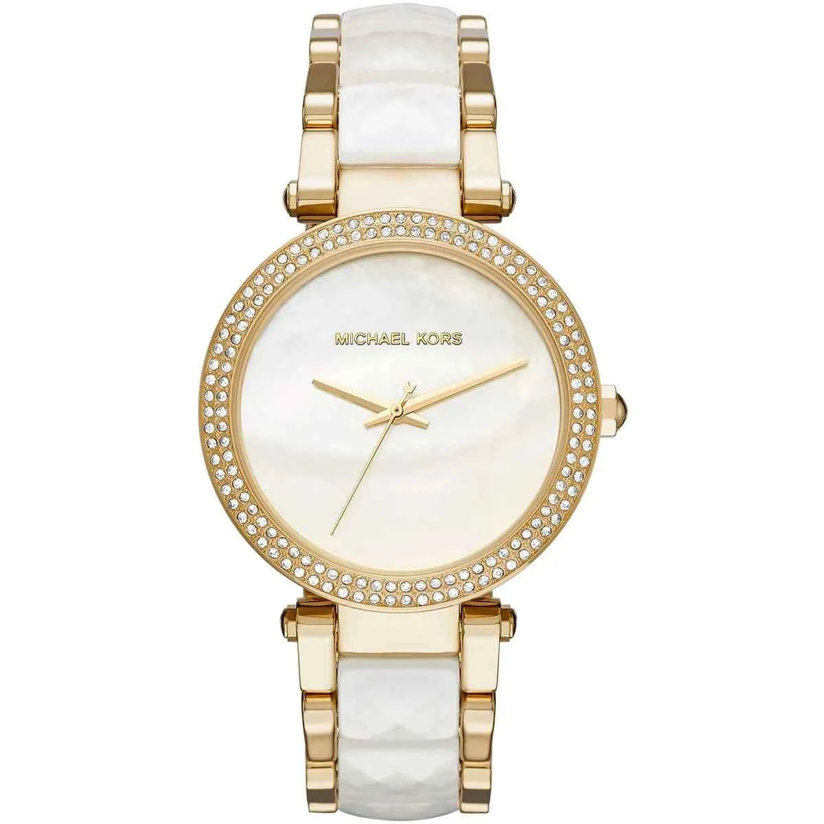 Michael Kors Parker MK6400 women's white dial gold and white bracelet watch front view