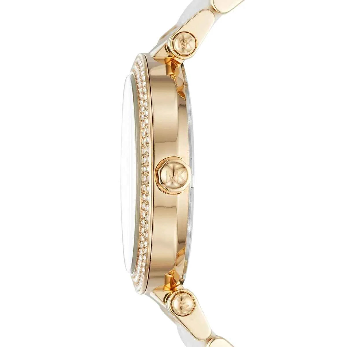 Side profile of Michael Kors Parker MK6400 gold and white women's watch