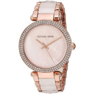 Close-up of Michael Kors MK6402 rose gold analog dial with rose gold multi-link bracelet