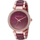 Close-up of Michael Kors MK6412 burgundy analog dial with burgundy and rose gold multi-link bracelet