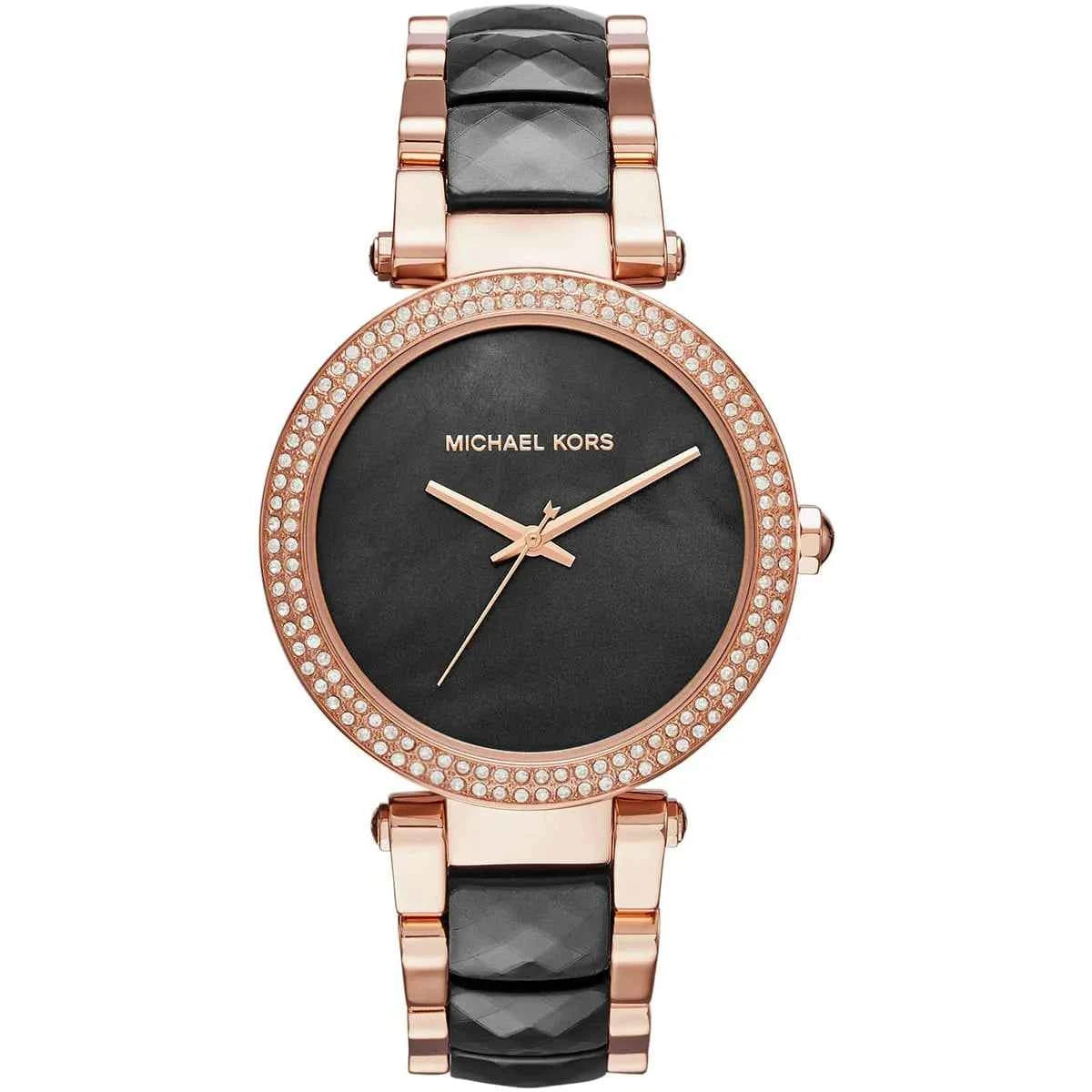 Michael Kors Parker MK6414 women's black dial rose gold and black watch front view
