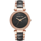 Michael Kors Parker MK6414 women's black dial rose gold and black watch front view