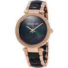 Close-up of Michael Kors MK6414 black analog dial with rose gold and black multi-link bracelet