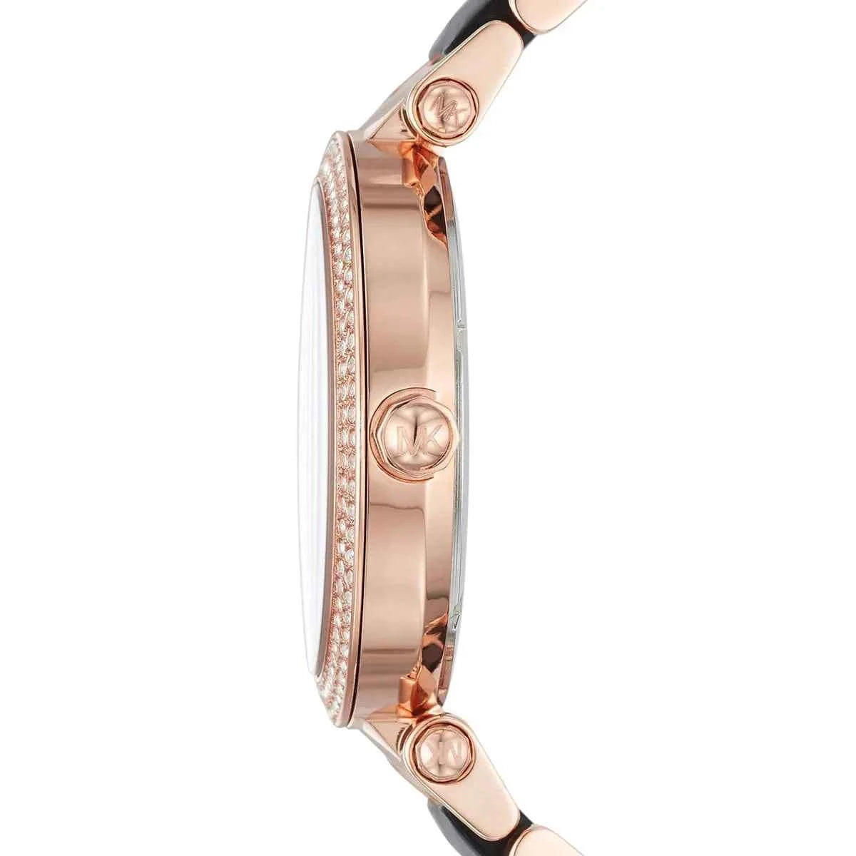 Side profile of Michael Kors Parker MK6414 rose gold and black women's watch