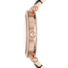 Side profile of Michael Kors Parker MK6414 rose gold and black women's watch