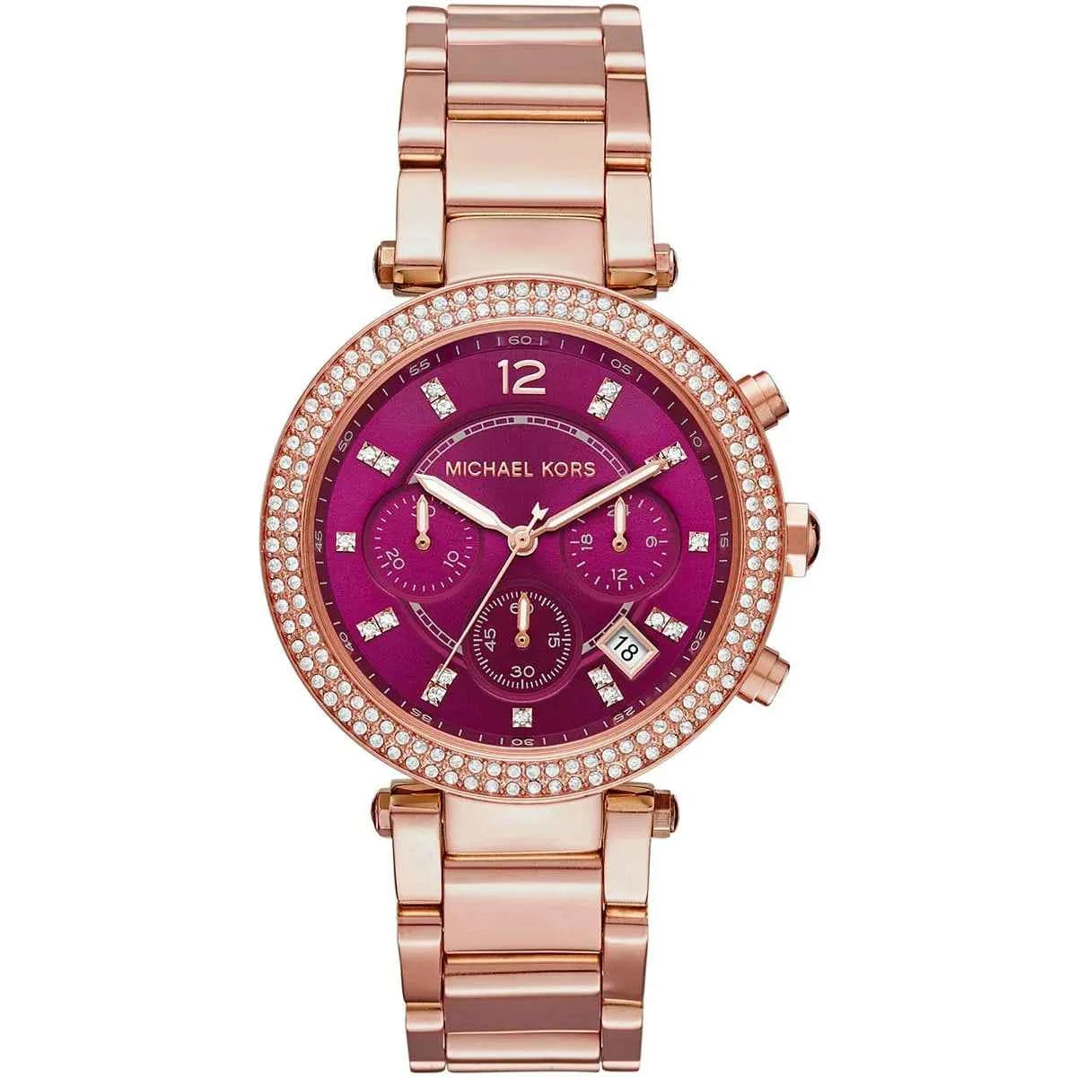Michael Kors Parker MK6417 women's pink chronograph dial rose gold stainless steel watch front view