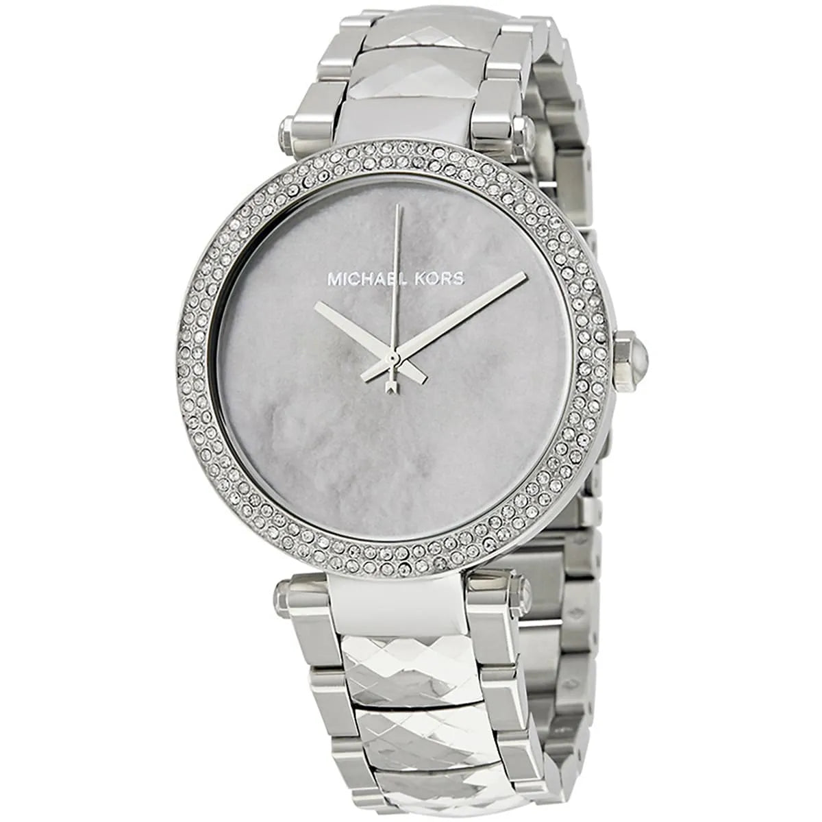 Close-up of Michael Kors MK6424 silver analog dial with stainless steel bracelet