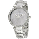 Close-up of Michael Kors MK6424 silver analog dial with stainless steel bracelet