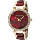 Close-up of Michael Kors MK6427 red analog dial with red and gold stainless steel bracelet