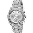 Close-up of Michael Kors MK6454 silver chronograph dial with stainless steel bracelet