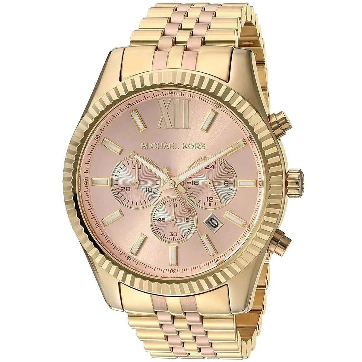 Close-up of Michael Kors MK6473 rose gold chronograph dial with gold and rose gold bracelet