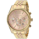 Close-up of Michael Kors MK6473 rose gold chronograph dial with gold and rose gold bracelet