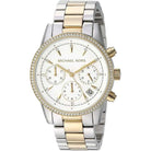 Close-up view of Michael Kors MK6474 white chronograph dial with date display