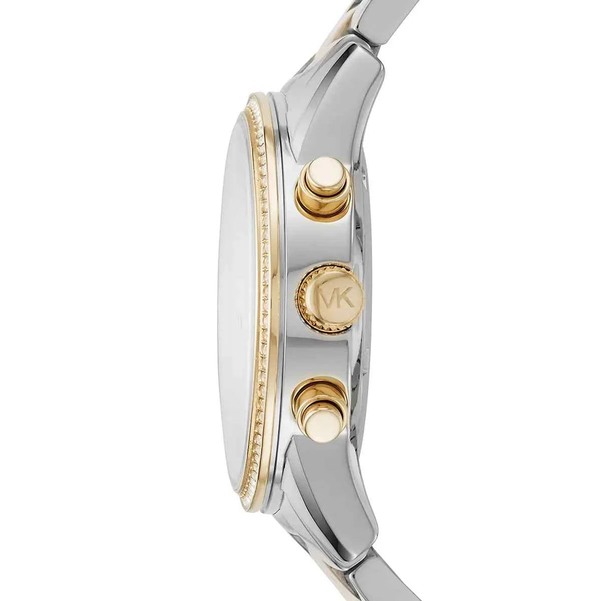 Side view of Michael Kors Ritz MK6474 silver and gold stainless steel bracelet watch
