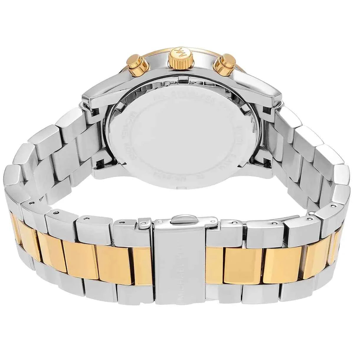Back view of Michael Kors MK6474 quartz chronograph watch with two-tone stainless steel case