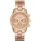 Front view of Michael Kors Ritz MK6475 women's gold and rose gold chronograph watch