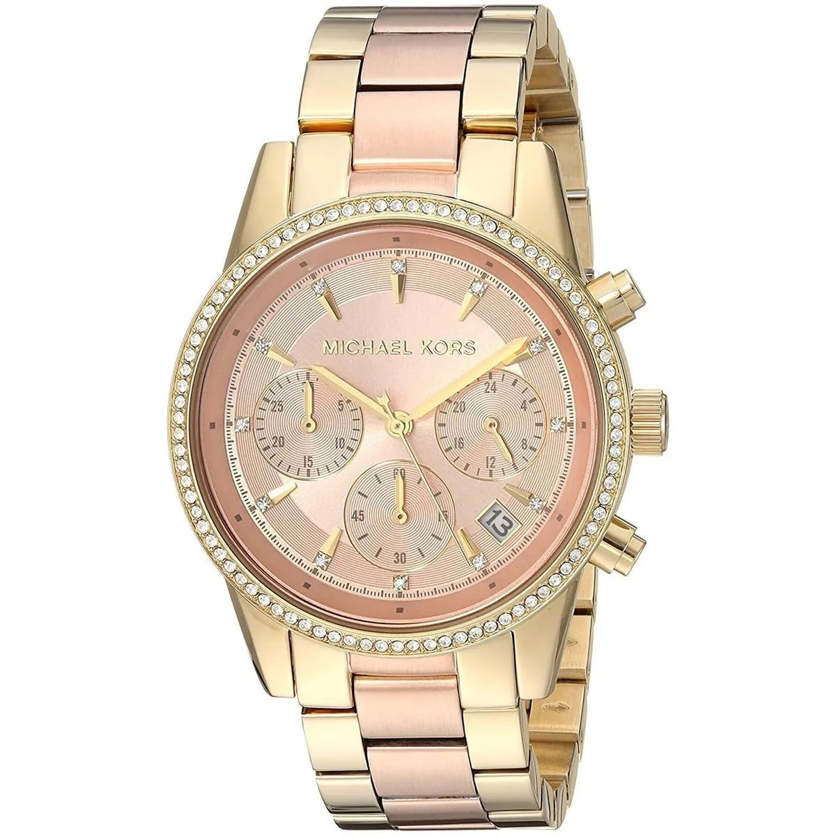 Close-up view of Michael Kors MK6475 rose gold chronograph dial with date display