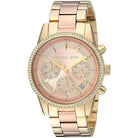 Close-up view of Michael Kors MK6475 rose gold chronograph dial with date display