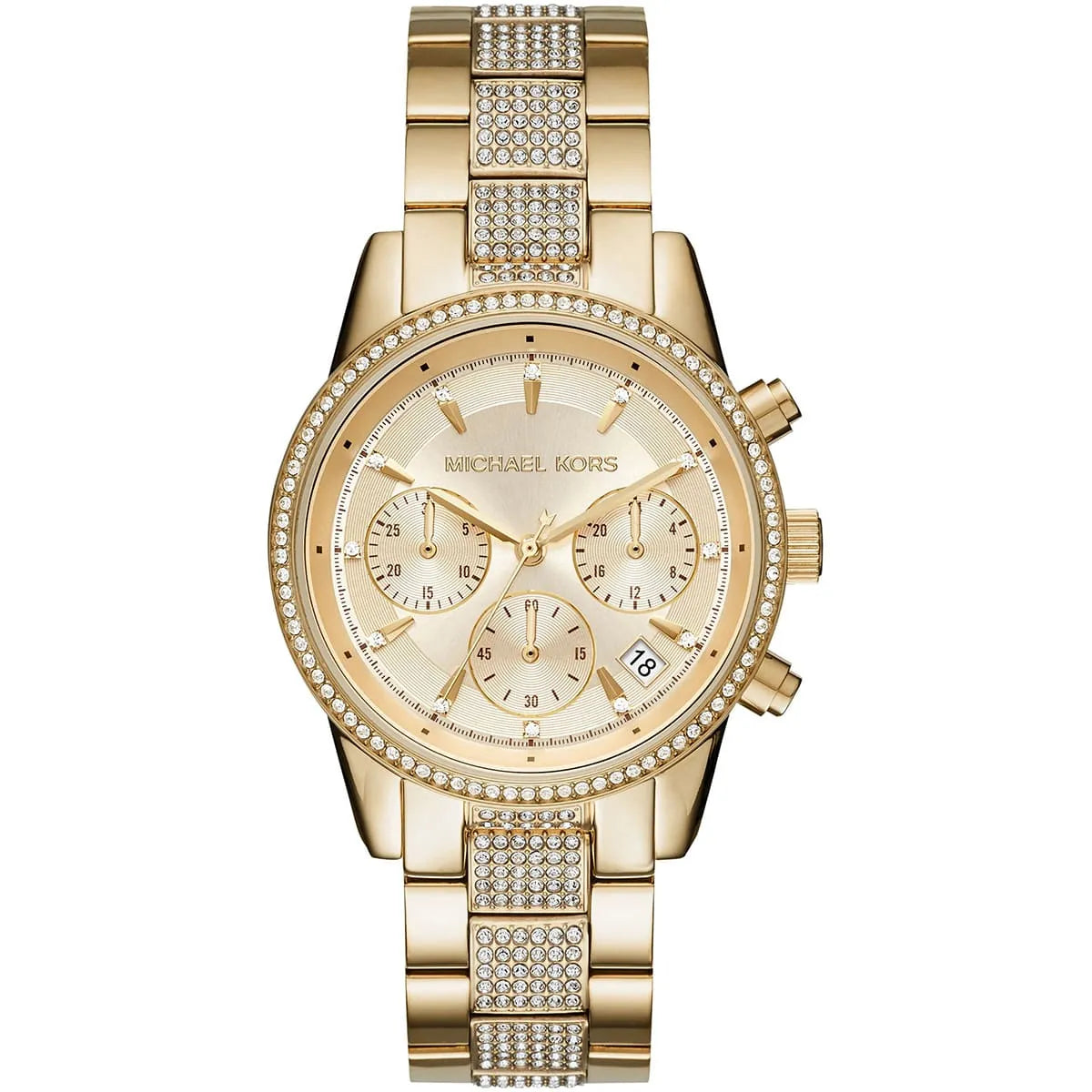 Front view of Michael Kors Ritz MK6484 women's gold chronograph watch
