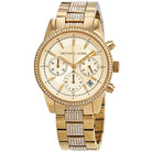 Close-up view of Michael Kors MK6484 gold chronograph dial with date display