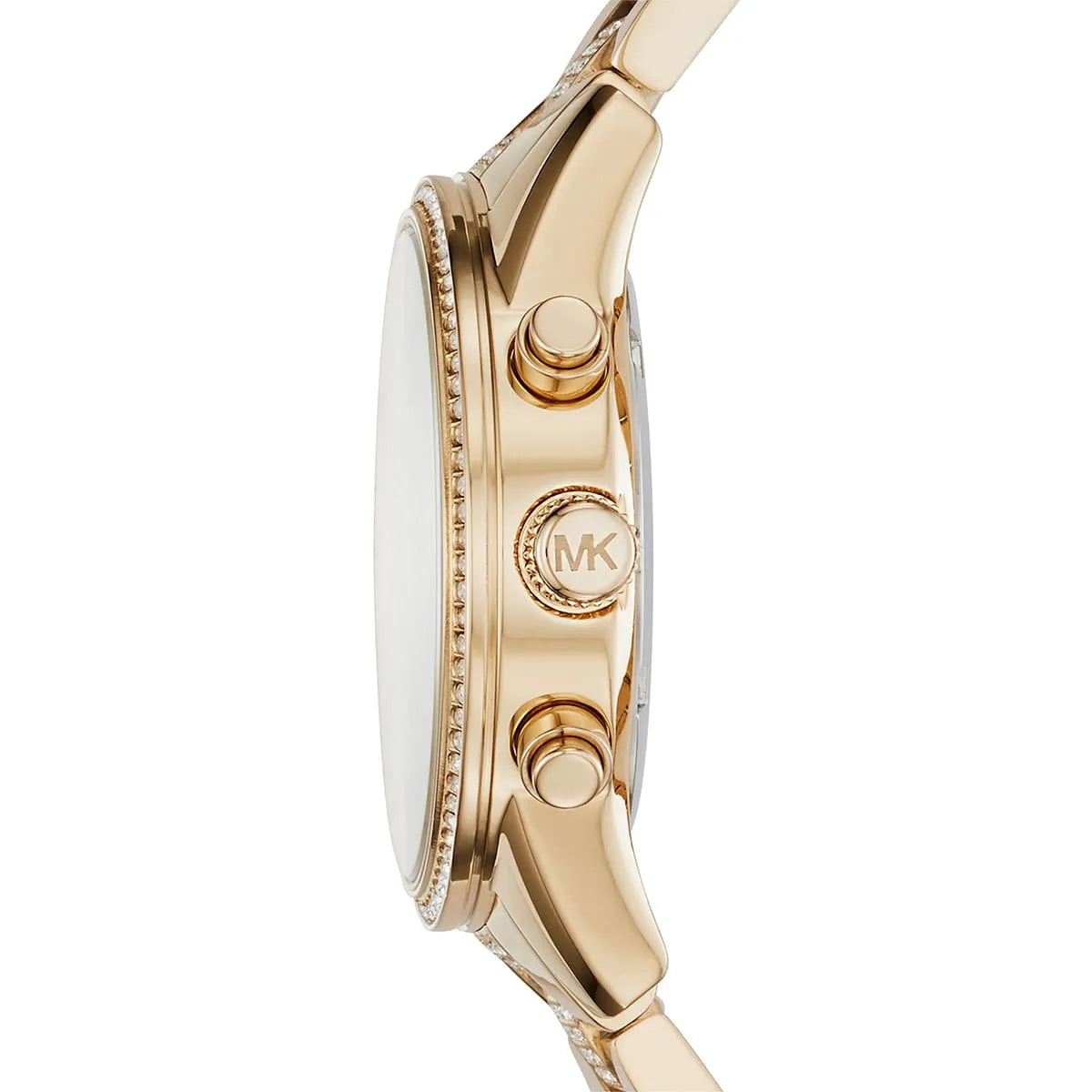 Side view of Michael Kors Ritz MK6484 gold stainless steel bracelet watch